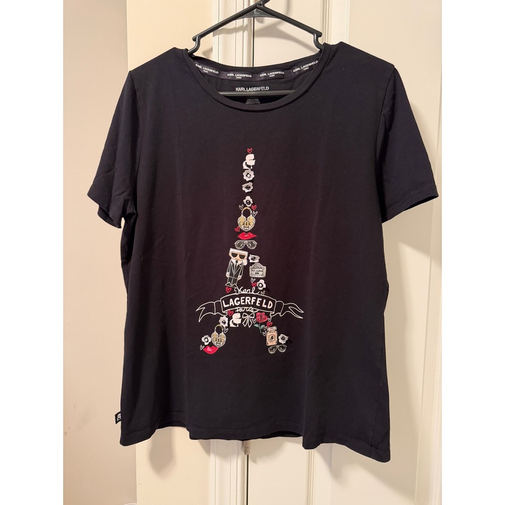 Karl Lagerfeld Paris Womens Eiffel Tower Graphic T-Shirt Black Size L LORH6086
